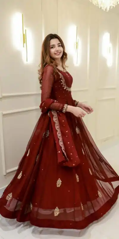 LG 2006 Maroon Georgette Gown Perfect for Wedding, Party, Engagement, Diwali, Sangeet . Exclusive Offer ₹1999. Delivery 4-6 Working Days. Shop now. | Gowns, Bollywood Gowns, Creative Gowns, Designer Gowns, Embroidered Gowns, Party Wear Gowns