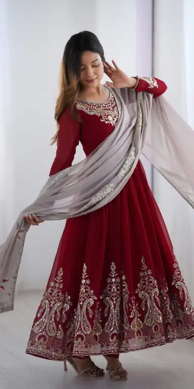 ZF 5008 Maroon Georgette Gown with Embroidery Work. Wedding, Party, Festive, Events, Special Price ₹2049. Delivery 4-6 Working Days. Shop now. | Jump Suits, Salwar suit, Casual Suits, Creative suits, Designer Suits, Palazzo Suits, Party Wear Suits, Patiala Suits, Straight Suits