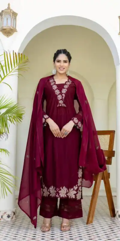 BE 385 Maroon Color Rayon Slub Cotton Embroidery Wor Salwar Suit Casual, Wedding, Festive, Events . Expected Delivery  4-6 Working Days @1899/- only      | Jump Suits, Salwar suit, Casual Suits, Creative suits, Designer Suits, Palazzo Suits, Party Wear Suits, Patiala Suits, Straight Suits
