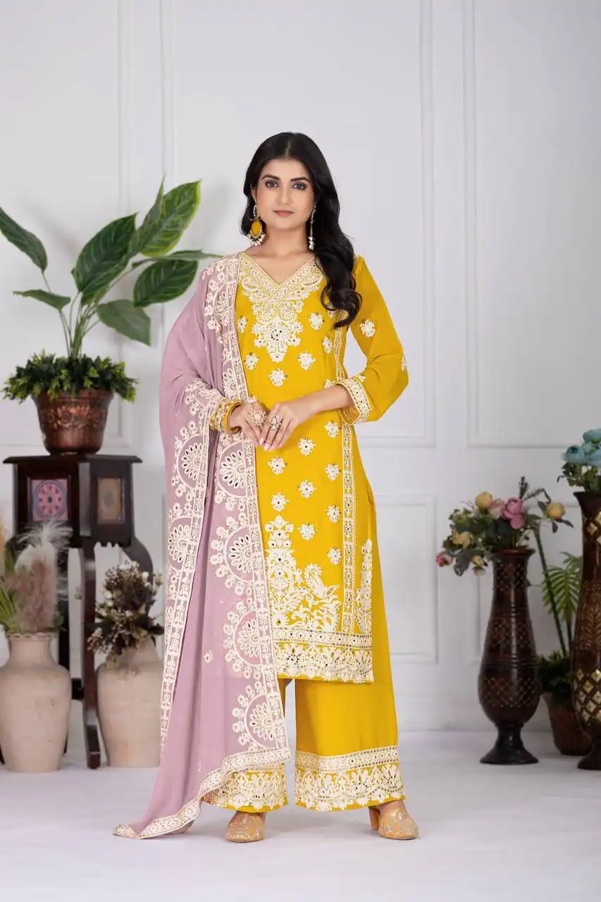 KF 1688 Mustered Faux Georgette with Embroidery Work & Mirror Work Salwar Suit . Exclusive Offer ₹2099. Delivery 4-6 Working Days. Shop now. | Jump Suits, Salwar suit, Casual Suits, Creative suits, Designer Suits, Palazzo Suits, Party Wear Suits, Patiala Suits, Straight Suits