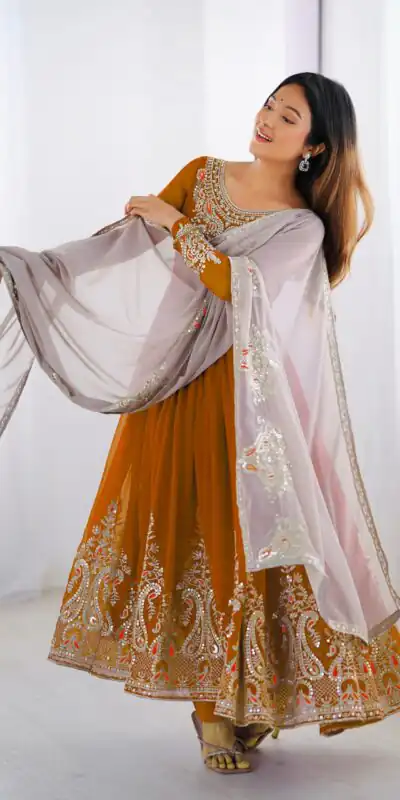 ZF 5008 White Mustered Gown with Embroidery Work. Wedding, Party, Festive, Events, Special Price ₹2049. Delivery 4-6 Working Days. Shop now. | Jump Suits, Salwar suit, Casual Suits, Creative suits, Designer Suits, Palazzo Suits, Party Wear Suits, Patiala Suits, Straight Suits