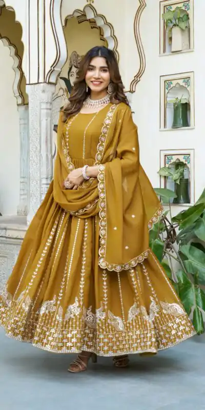 Ram 139 Mustered Star Georgette Gown Perfect for Wedding, Party, Family Gatherings, Haldi, Housewarming –. Grab it for ₹1949. Delivery 4-6 Working | Jump Suits, Salwar suit, Casual Suits, Creative suits, Designer Suits, Palazzo Suits, Party Wear Suits, Patiala Suits, Straight Suits