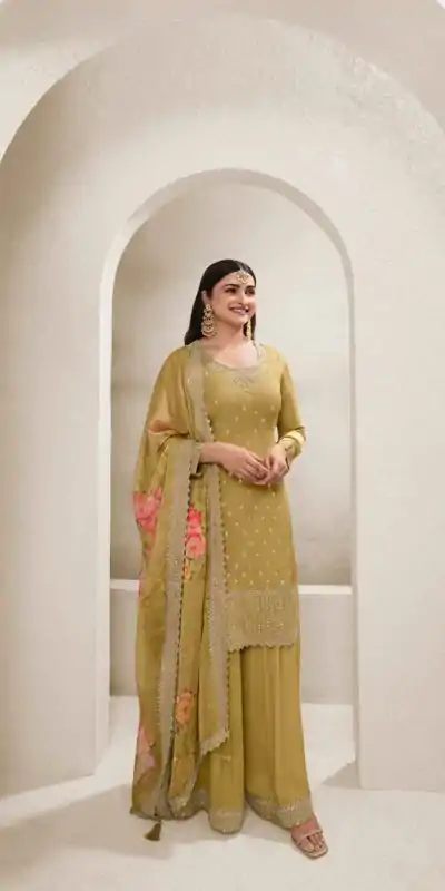 Mustered Viscose Chinon Embroidery Work Salwar Suit