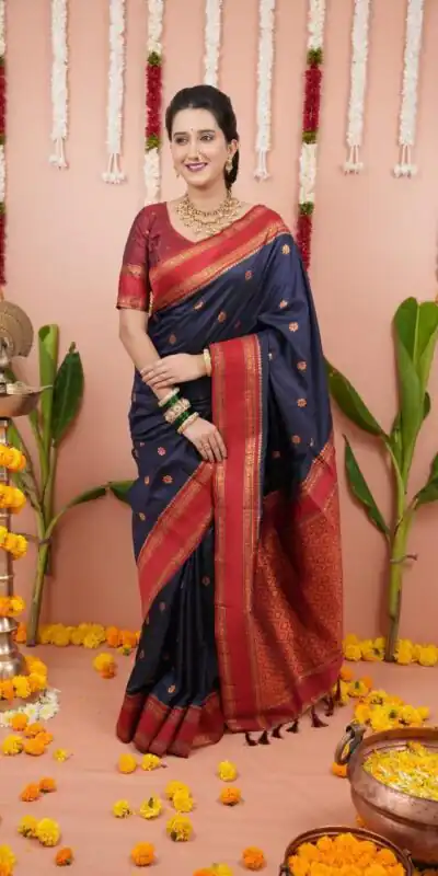 MS 536 Navy Blue Color Banarasi Silk Saree with Zari Work. Wedding, Party, Festive, Events, Available at ₹1699 only. Delivery 4-6 Working Days. Shop now. | Designer Sarees, Embroidered Sarees, Sarees, Bollywood Sarees, Creative Sarees, Ethnic Saree, Modern Digital sarees, Party Wear Sarees