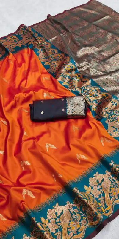 MB 3308 Orange Banarasi Silk Saree Perfect for Wedding, Party, Holi, Reception, Raksha Bandhan – . Special Price ₹1999. Delivery 4-6 Working Days. Shop n | Designer Sarees, Embroidered Sarees, Sarees, Bollywood Sarees, Creative Sarees, Ethnic Saree, Modern Digital sarees, Party Wear Sarees