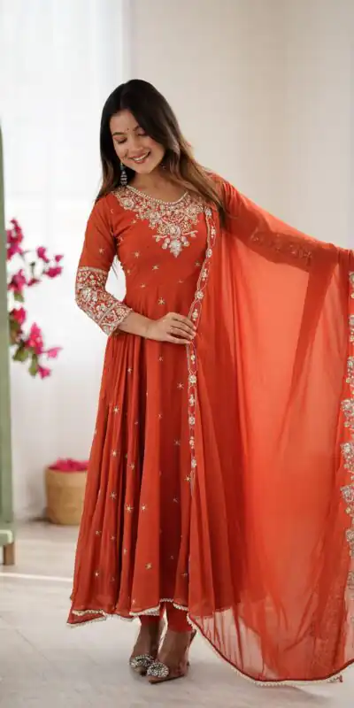 ZF 5012 Orange Blooming Faux Gown with Embroidery Work. Wedding, Party, Festive, Events Grab it for ₹2149. Delivery 4-6 Working Days. Shop now. | Lehenga, Bollywood Lehenga, Creative Lehenga, Designer Lehenga, Embroidered Lehenga, Party Wear Lehenga