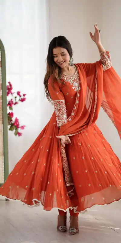 ZF 5012 Orange Blooming Faux Gown with Embroidery Work. Wedding, Party, Festive, Events Grab it for ₹2149. Delivery 4-6 Working Days. Shop now. | Lehenga, Bollywood Lehenga, Creative Lehenga, Designer Lehenga, Embroidered Lehenga, Party Wear Lehenga