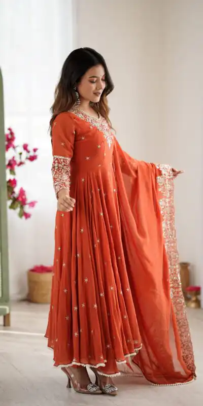 ZF 5012 Orange Blooming Faux Gown with Embroidery Work. Wedding, Party, Festive, Events Grab it for ₹2149. Delivery 4-6 Working Days. Shop now. | Lehenga, Bollywood Lehenga, Creative Lehenga, Designer Lehenga, Embroidered Lehenga, Party Wear Lehenga