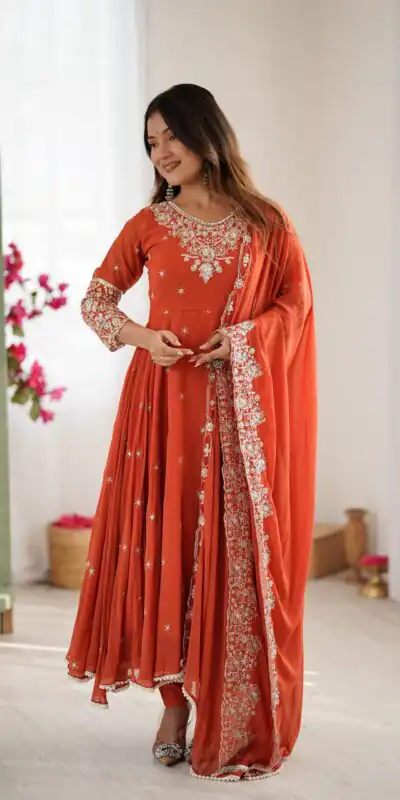 ZF 5012 Orange Blooming Faux Gown with Embroidery Work. Wedding, Party, Festive, Events Grab it for ₹2149. Delivery 4-6 Working Days. Shop now. | Lehenga, Bollywood Lehenga, Creative Lehenga, Designer Lehenga, Embroidered Lehenga, Party Wear Lehenga