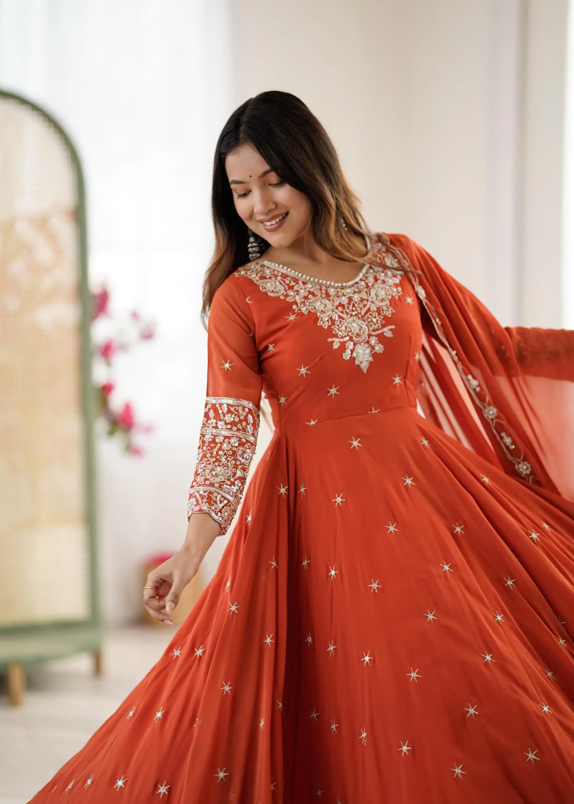 ZF 5012 Orange Blooming Faux Gown with Embroidery Work. Wedding, Party, Festive, Events Grab it for ₹2149. Delivery 4-6 Working Days. Shop now. | Lehenga, Bollywood Lehenga, Creative Lehenga, Designer Lehenga, Embroidered Lehenga, Party Wear Lehenga