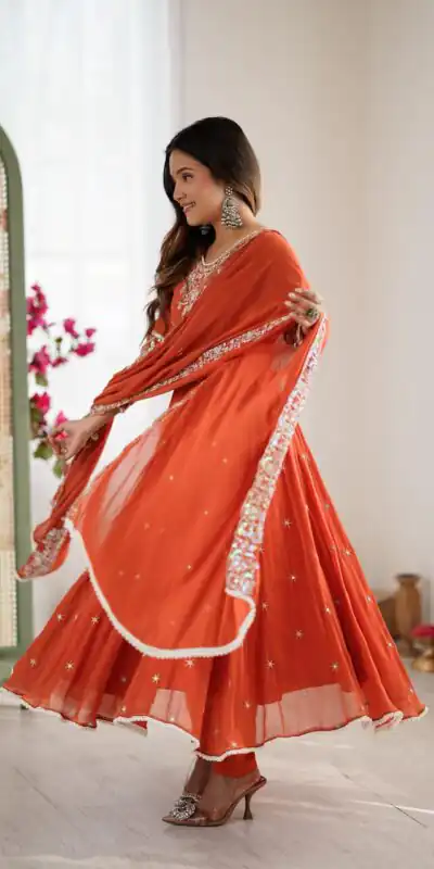 ZF 5012 Orange Blooming Faux Gown with Embroidery Work. Wedding, Party, Festive, Events Grab it for ₹2149. Delivery 4-6 Working Days. Shop now. | Lehenga, Bollywood Lehenga, Creative Lehenga, Designer Lehenga, Embroidered Lehenga, Party Wear Lehenga