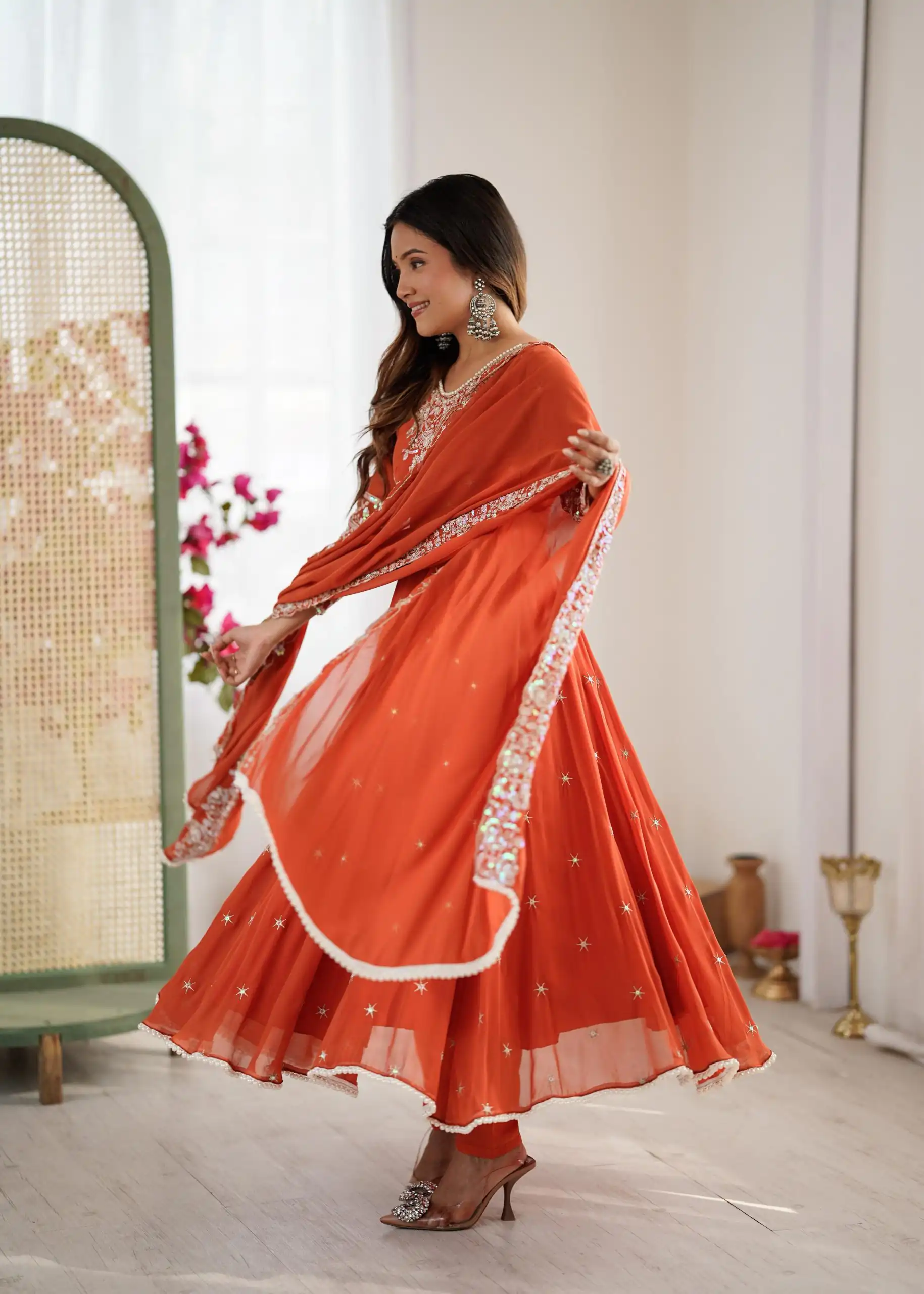 ZF 5012 Orange Blooming Faux Gown with Embroidery Work. Wedding, Party, Festive, Events Grab it for ₹2149. Delivery 4-6 Working Days. Shop now. | Lehenga, Bollywood Lehenga, Creative Lehenga, Designer Lehenga, Embroidered Lehenga, Party Wear Lehenga