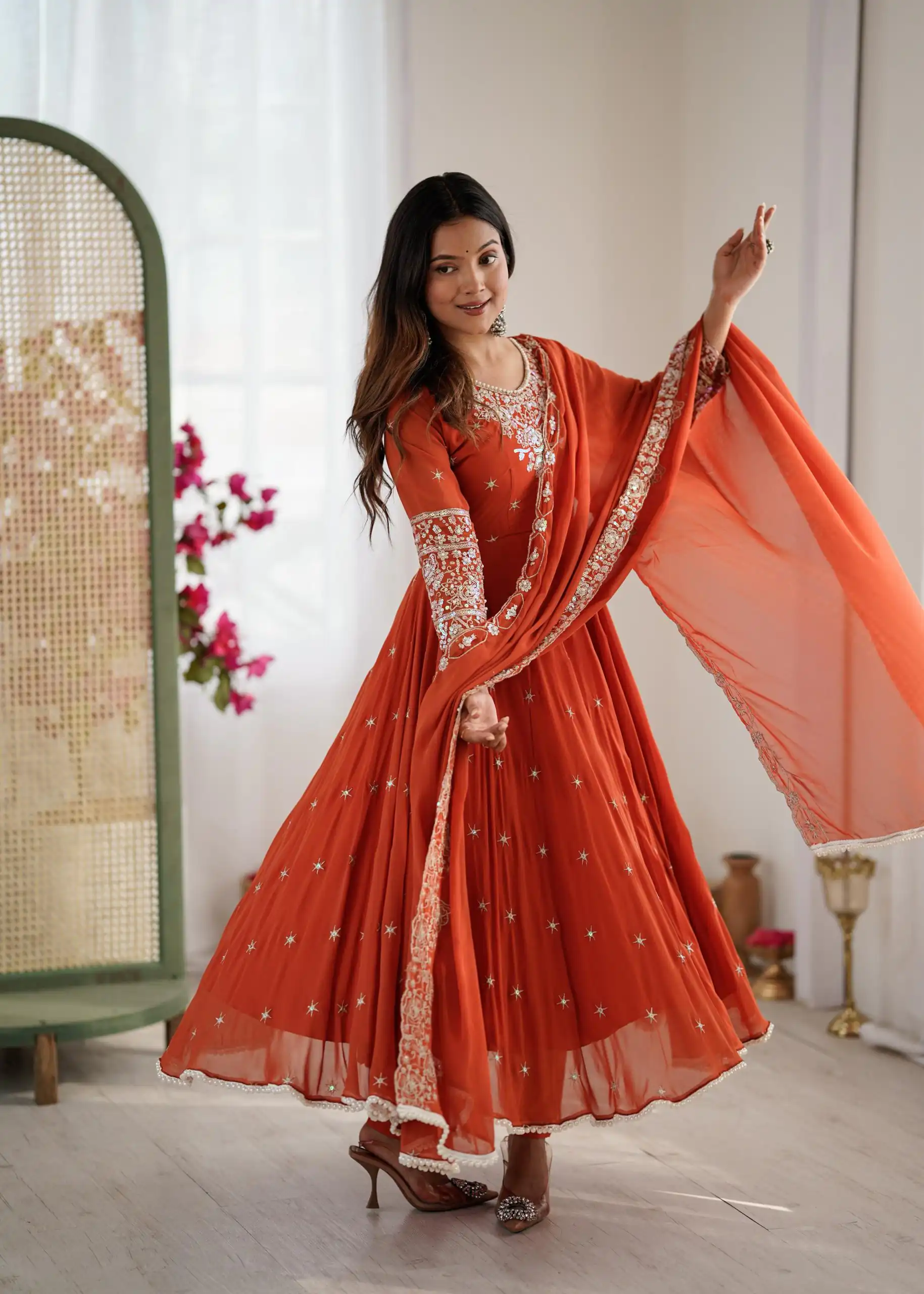 ZF 5012 Orange Blooming Faux Gown with Embroidery Work. Wedding, Party, Festive, Events Grab it for ₹2149. Delivery 4-6 Working Days. Shop now. | Lehenga, Bollywood Lehenga, Creative Lehenga, Designer Lehenga, Embroidered Lehenga, Party Wear Lehenga