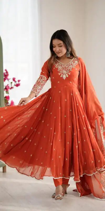 ZF 5012 Orange Blooming Faux Gown with Embroidery Work. Wedding, Party, Festive, Events Grab it for ₹2149. Delivery 4-6 Working Days. Shop now. | Lehenga, Bollywood Lehenga, Creative Lehenga, Designer Lehenga, Embroidered Lehenga, Party Wear Lehenga