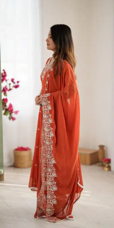 ZF 5012 Orange Blooming Faux Gown with Embroidery Work. Wedding, Party, Festive, Events Grab it for ₹2149. Delivery 4-6 Working Days. Shop now. | Lehenga, Bollywood Lehenga, Creative Lehenga, Designer Lehenga, Embroidered Lehenga, Party Wear Lehenga