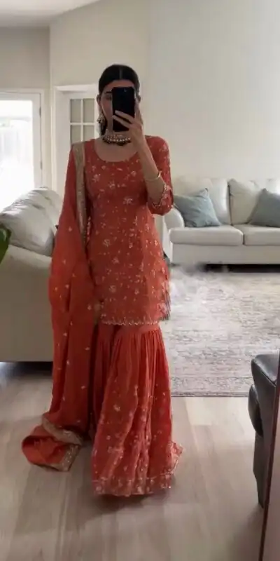 SRK 5303 Orange in Faux Georgette Lace Work & Embroidery Work Salwar Suit . Festive Deal ₹1999. Delivery 4-6 Working Days. Shop now. | Gowns, Bollywood Gowns, Creative Gowns, Designer Gowns, Embroidered Gowns, Party Wear Gowns