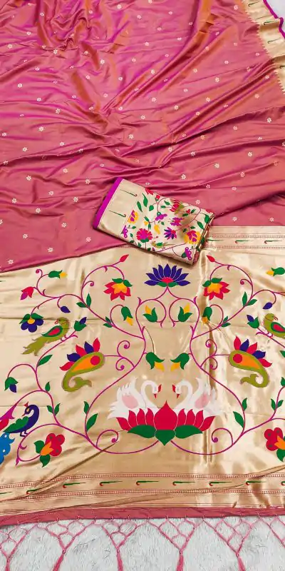 Peach Silk Zari Lace Work Saree