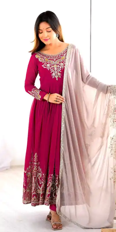 ZF 5008 Pink Georgette Gown with Embroidery Work. Wedding, Party, Festive, Events, Special Price ₹2049. Delivery 4-6 Working Days. Shop now. | Jump Suits, Salwar suit, Casual Suits, Creative suits, Designer Suits, Palazzo Suits, Party Wear Suits, Patiala Suits, Straight Suits