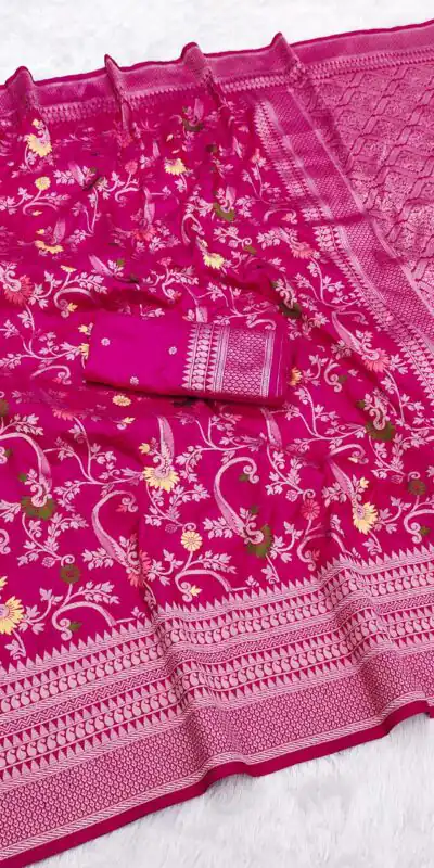 MB 105 Pink in Color Khaddi Pashmina Lace Work & Zari Work Saree . Special Price ₹1999. Delivery 4-6 Working Days. Shop now. | Designer Sarees, Embroidered Sarees, Sarees, Bollywood Sarees, Creative Sarees, Ethnic Saree, Modern Digital sarees, Party Wear Sarees