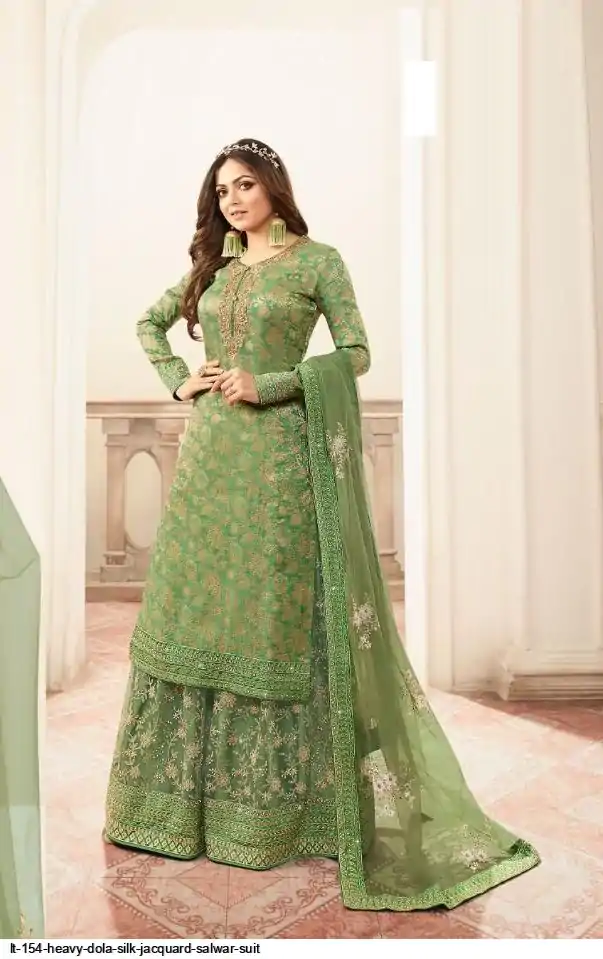 FC L.t 5401 Pista Color Jacquard Silk Georgette Diamond Sharara Suit Wedding, Party, Festive Expected Delivery 4-6 Working Days  @2999/- | Jump Suits, Salwar suit, Casual Suits, Creative suits, Designer Suits, Palazzo Suits, Party Wear Suits, Patiala Suits, Straight Suits