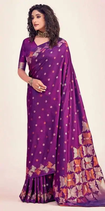 Purple Soft Lichi Silk Border Lace Work Saree
