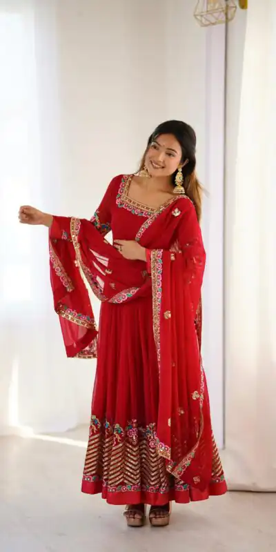 ZF 5010 Red Georgette Gown Perfect for Wedding, Party, Pooja, Ethnic Day, Karwa Chauth – . Best Price ₹2049. Delivery 4-6 Working Days. Shop now. | Jump Suits, Salwar suit, Casual Suits, Creative suits, Designer Suits, Palazzo Suits, Party Wear Suits, Patiala Suits, Straight Suits