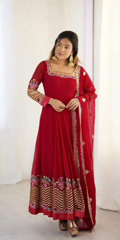 ZF 5010 Red Georgette Gown Perfect for Wedding, Party, Pooja, Ethnic Day, Karwa Chauth – . Best Price ₹2049. Delivery 4-6 Working Days. Shop now. | Jump Suits, Salwar suit, Casual Suits, Creative suits, Designer Suits, Palazzo Suits, Party Wear Suits, Patiala Suits, Straight Suits