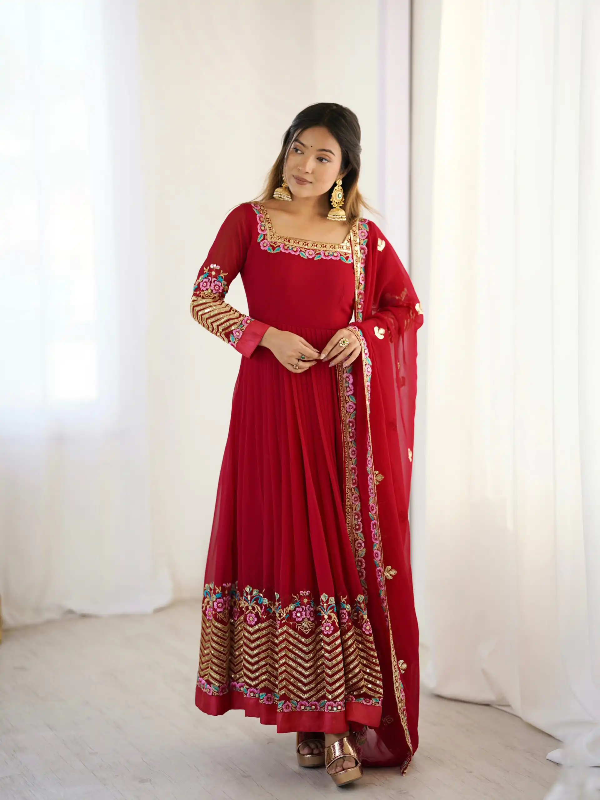 ZF 5010 Red Georgette Gown Perfect for Wedding, Party, Pooja, Ethnic Day, Karwa Chauth – . Best Price ₹2049. Delivery 4-6 Working Days. Shop now. | Jump Suits, Salwar suit, Casual Suits, Creative suits, Designer Suits, Palazzo Suits, Party Wear Suits, Patiala Suits, Straight Suits