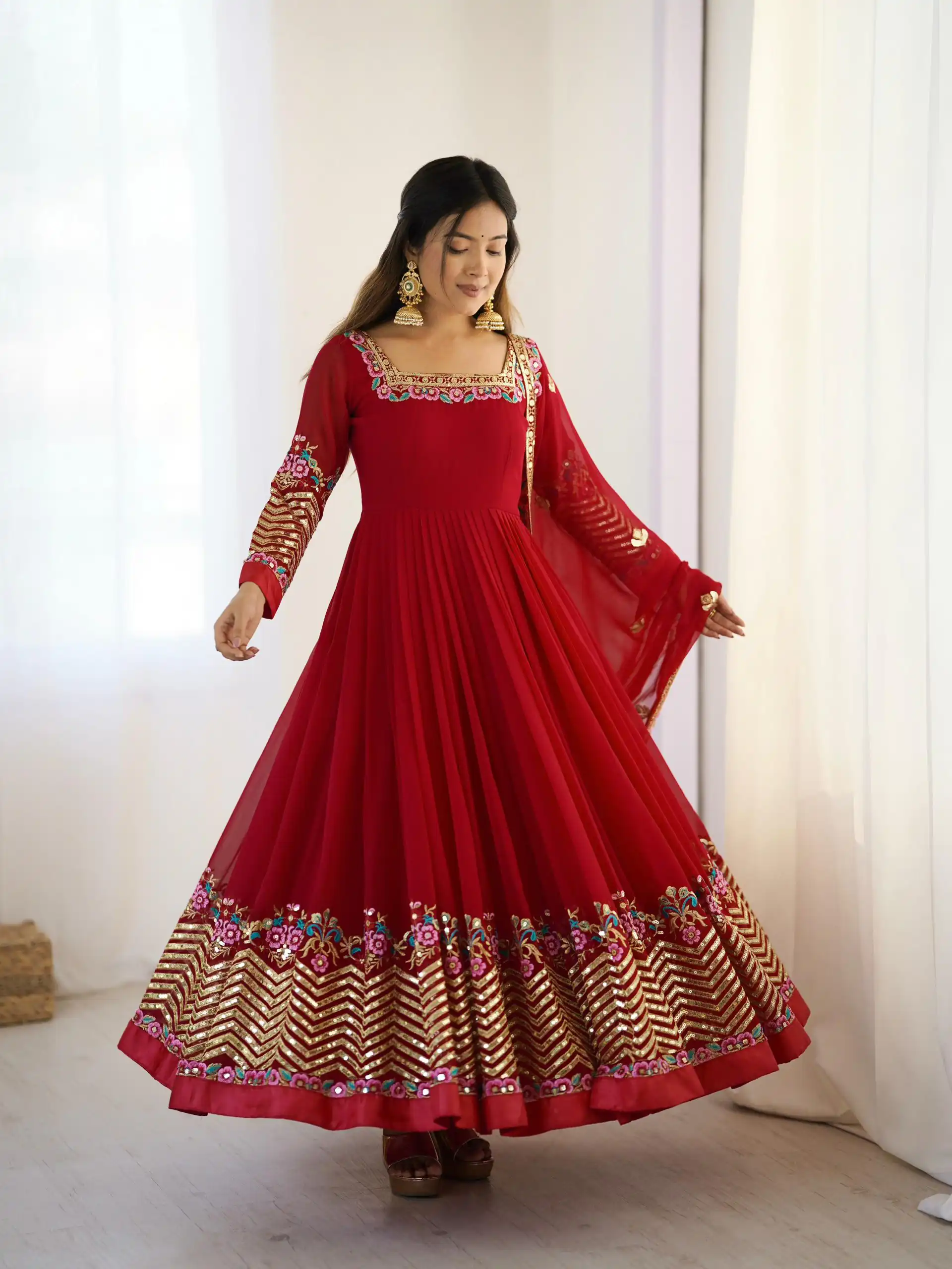 ZF 5010 Red Georgette Gown Perfect for Wedding, Party, Pooja, Ethnic Day, Karwa Chauth – . Best Price ₹2049. Delivery 4-6 Working Days. Shop now. | Jump Suits, Salwar suit, Casual Suits, Creative suits, Designer Suits, Palazzo Suits, Party Wear Suits, Patiala Suits, Straight Suits