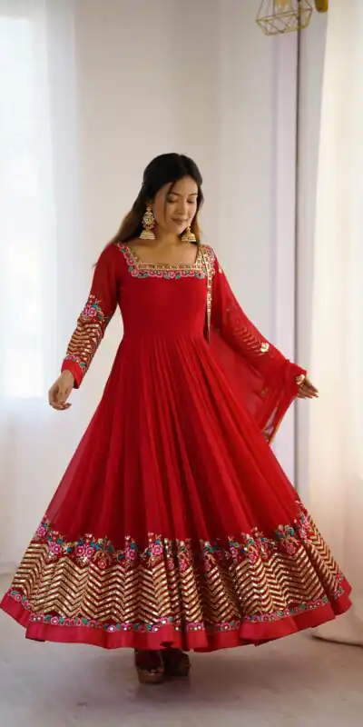 ZF 5010 Red Georgette Gown Perfect for Wedding, Party, Pooja, Ethnic Day, Karwa Chauth – . Best Price ₹2049. Delivery 4-6 Working Days. Shop now. | Jump Suits, Salwar suit, Casual Suits, Creative suits, Designer Suits, Palazzo Suits, Party Wear Suits, Patiala Suits, Straight Suits