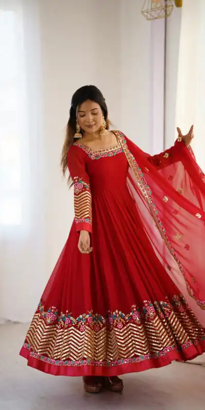 ZF 5010 Red Georgette Gown Perfect for Wedding, Party, Pooja, Ethnic Day, Karwa Chauth – . Best Price ₹2049. Delivery 4-6 Working Days. Shop now. | Jump Suits, Salwar suit, Casual Suits, Creative suits, Designer Suits, Palazzo Suits, Party Wear Suits, Patiala Suits, Straight Suits