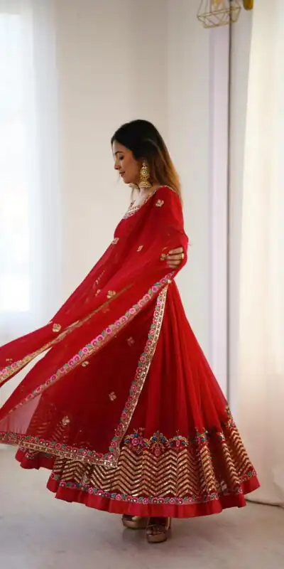 ZF 5010 Red Georgette Gown Perfect for Wedding, Party, Pooja, Ethnic Day, Karwa Chauth – . Best Price ₹2049. Delivery 4-6 Working Days. Shop now. | Jump Suits, Salwar suit, Casual Suits, Creative suits, Designer Suits, Palazzo Suits, Party Wear Suits, Patiala Suits, Straight Suits