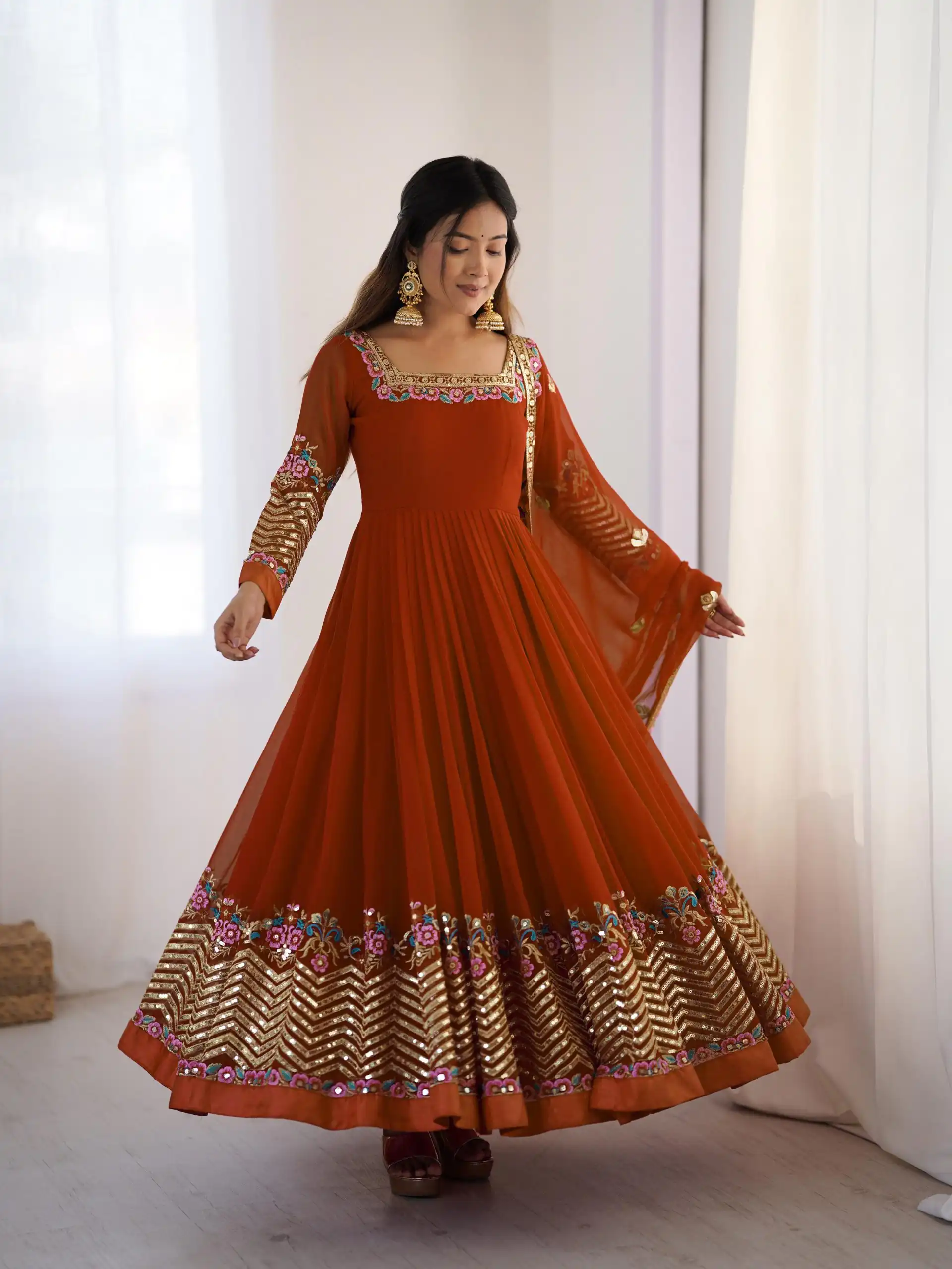ZF 5010 Rust Georgette Gown Perfect for Wedding, Party, Pooja, Ethnic Day, Karwa Chauth – . Best Price ₹2049. Delivery 4-6 Working Days. Shop now. | Jump Suits, Salwar suit, Casual Suits, Creative suits, Designer Suits, Palazzo Suits, Party Wear Suits, Patiala Suits, Straight Suits