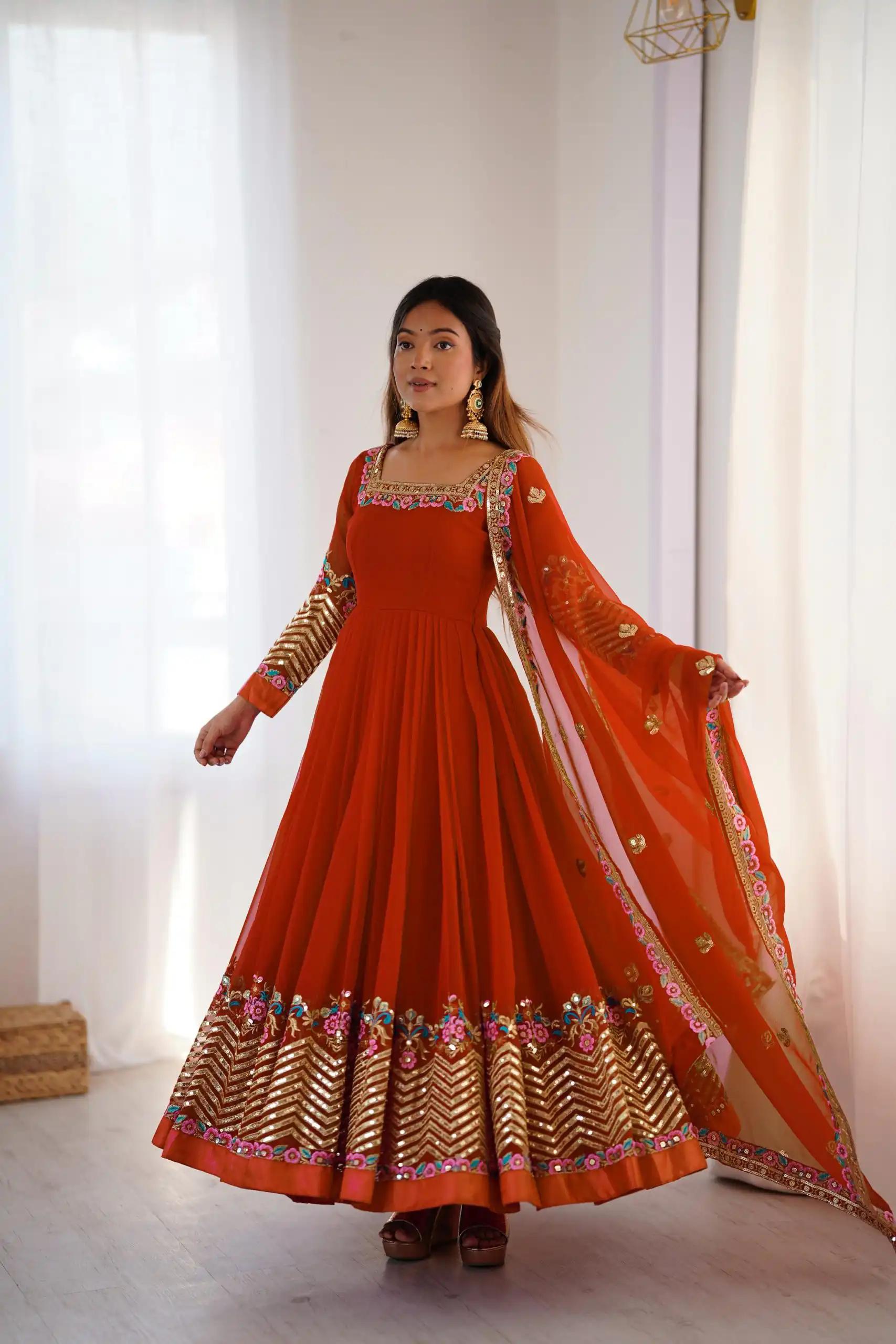 ZF 5010 Rust Georgette Gown Perfect for Wedding, Party, Pooja, Ethnic Day, Karwa Chauth – . Best Price ₹2049. Delivery 4-6 Working Days. Shop now. | Jump Suits, Salwar suit, Casual Suits, Creative suits, Designer Suits, Palazzo Suits, Party Wear Suits, Patiala Suits, Straight Suits