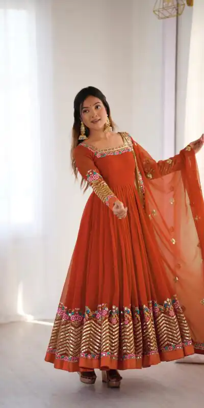 ZF 5010 Rust Georgette Gown Perfect for Wedding, Party, Pooja, Ethnic Day, Karwa Chauth – . Best Price ₹2049. Delivery 4-6 Working Days. Shop now. | Jump Suits, Salwar suit, Casual Suits, Creative suits, Designer Suits, Palazzo Suits, Party Wear Suits, Patiala Suits, Straight Suits