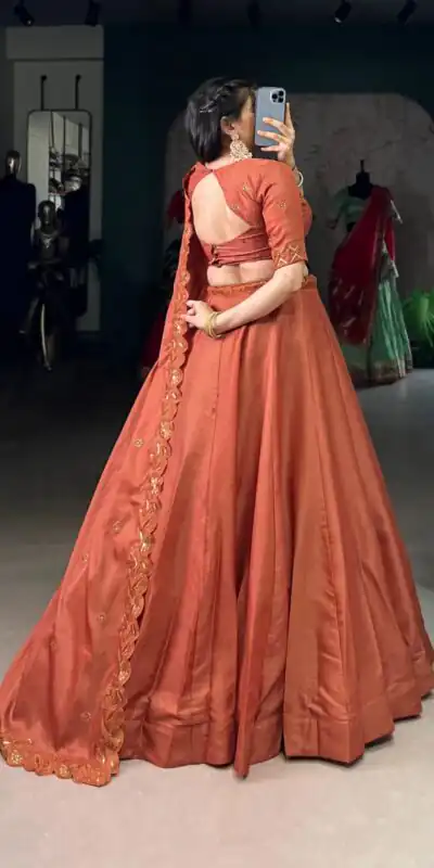 LNB 1441 Rust Korean Pure Tussar With Embroidery Work & Sequins Work Lehenga Choli. Festive Deal ₹3199. Delivery 4-6 Working Days. Shop now. | Lehenga, Bollywood Lehenga, Creative Lehenga, Designer Lehenga, Embroidered Lehenga, Party Wear Lehenga