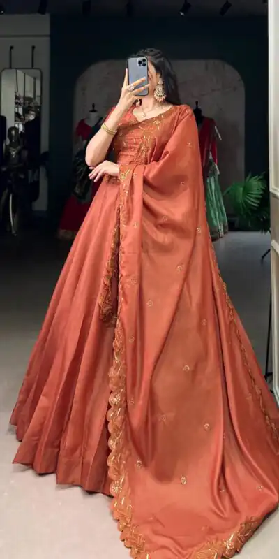 LNB 1441 Rust Korean Pure Tussar With Embroidery Work & Sequins Work Lehenga Choli. Festive Deal ₹3199. Delivery 4-6 Working Days. Shop now. | Lehenga, Bollywood Lehenga, Creative Lehenga, Designer Lehenga, Embroidered Lehenga, Party Wear Lehenga
