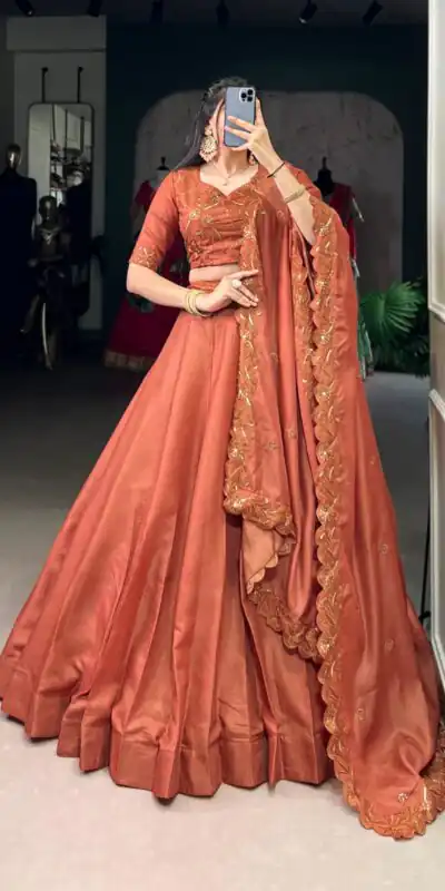 LNB 1441 Rust Korean Pure Tussar With Embroidery Work & Sequins Work Lehenga Choli. Festive Deal ₹3199. Delivery 4-6 Working Days. Shop now. | Lehenga, Bollywood Lehenga, Creative Lehenga, Designer Lehenga, Embroidered Lehenga, Party Wear Lehenga