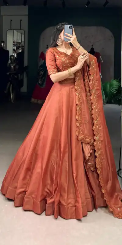 LNB 1441 Rust Korean Pure Tussar With Embroidery Work & Sequins Work Lehenga Choli. Festive Deal ₹3199. Delivery 4-6 Working Days. Shop now. | Lehenga, Bollywood Lehenga, Creative Lehenga, Designer Lehenga, Embroidered Lehenga, Party Wear Lehenga