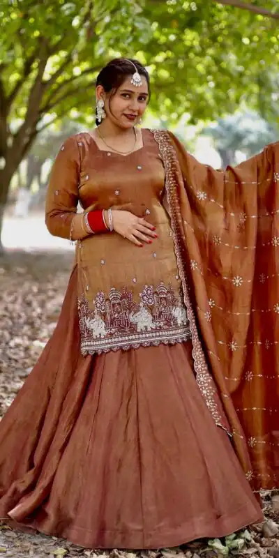 NF 1241 Rust in Simmer Silk Embroidery Work & Zari Work Lehenga Choli . Festive Deal ₹1599. Delivery 4-6 Working Days. Shop now. | Lehenga, Bollywood Lehenga, Creative Lehenga, Designer Lehenga, Embroidered Lehenga, Party Wear Lehenga