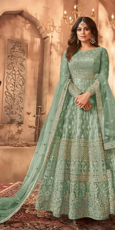 FC 8396 Sea Green in Net Embroidery Work Salwar Suit . Wedding, Party, Festive, Events, Exclusive Offer ₹3049. Delivery 4-6 Working Days. Shop now. | Jump Suits, Salwar suit, Casual Suits, Creative suits, Designer Suits, Palazzo Suits, Party Wear Suits, Patiala Suits, Straight Suits