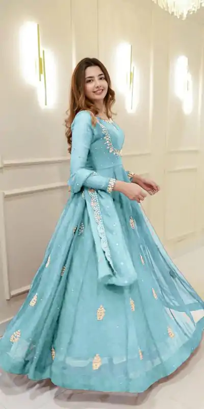 LG 2006 Sky Blue Georgette Gown Perfect for Wedding, Party, Engagement, Diwali, Sangeet . Exclusive Offer ₹1999. Delivery 4-6 Working Days. Shop now. | Gowns, Bollywood Gowns, Creative Gowns, Designer Gowns, Embroidered Gowns, Party Wear Gowns