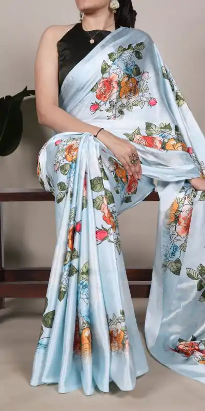 Sky Blue Satin Silk With Floral Printed Saree