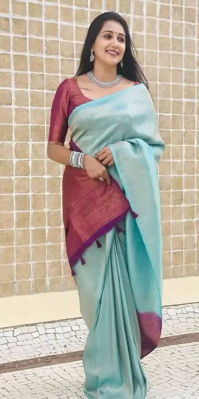 KP 4084 Sky Blue Soft Lichi Silk Saree with Lace Work & Lace Border. Festive Deal ₹1399. Delivery 4-6 Working Days. Shop now. | Designer Sarees, Embroidered Sarees, Sarees, Bollywood Sarees, Creative Sarees, Ethnic Saree, Modern Digital sarees, Party Wear Sarees