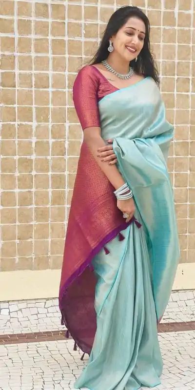 Sky Blue Soft Lichi Silk Lace Work Border Saree