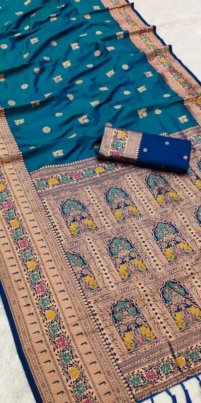 MB 18 Teal Color Banarasi silk Saree with Zari Work & Lace Work. Affordable Price ₹2449. Delivery 4-6 Working Days. Shop now. | Designer Sarees, Embroidered Sarees, Sarees, Bollywood Sarees, Creative Sarees, Ethnic Saree, Modern Digital sarees, Party Wear Sarees