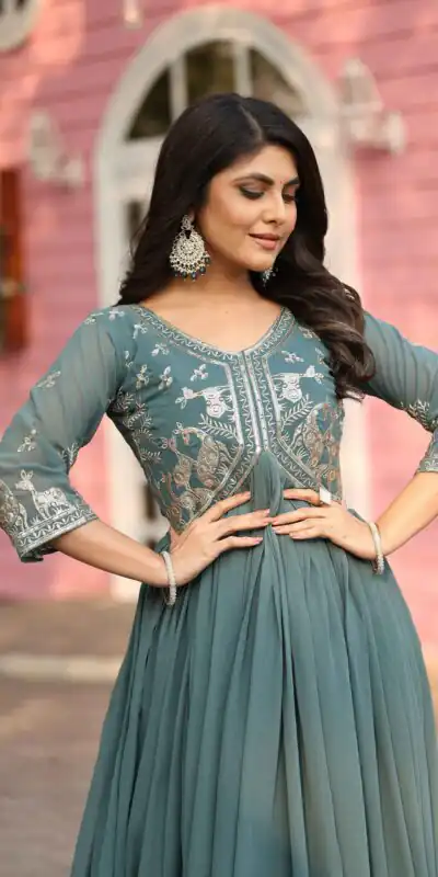 Ram 089 Teal Fox Georgette Gown with Designer Work. Wedding, Party, Festive, Events Introductory Price ₹1749. Delivery 4-6 Working Days. Shop now. | Jump Suits, Salwar suit, Casual Suits, Creative suits, Designer Suits, Palazzo Suits, Party Wear Suits, Patiala Suits, Straight Suits
