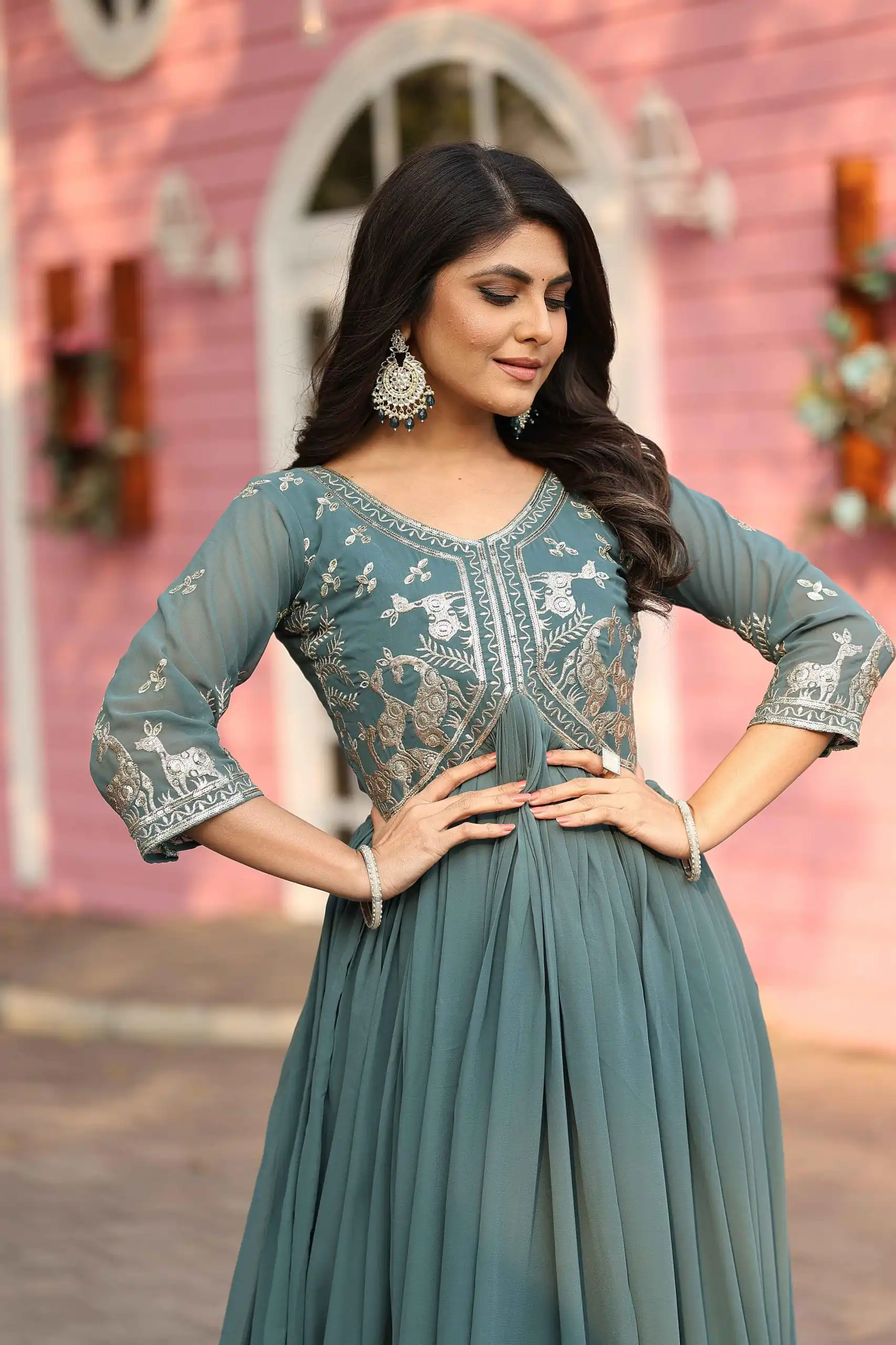 Ram 089 Teal Fox Georgette Gown with Designer Work. Wedding, Party, Festive, Events Introductory Price ₹1749. Delivery 4-6 Working Days. Shop now. | Jump Suits, Salwar suit, Casual Suits, Creative suits, Designer Suits, Palazzo Suits, Party Wear Suits, Patiala Suits, Straight Suits