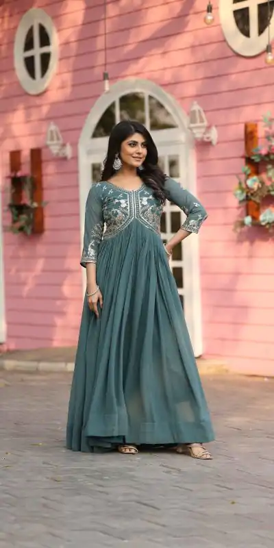 Teal Fox Georgette With Sequence Work Gown
