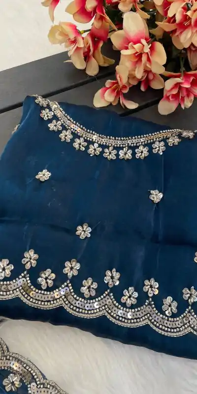 BT 400 Teal in Jimmy Chou Silk Embroidery Work & Lace Work Saree . Grab it for ₹2999. Delivery 4-6 Working Days. Shop now. | Designer Sarees, Embroidered Sarees, Sarees, Bollywood Sarees, Creative Sarees, Ethnic Saree, Modern Digital sarees, Party Wear Sarees